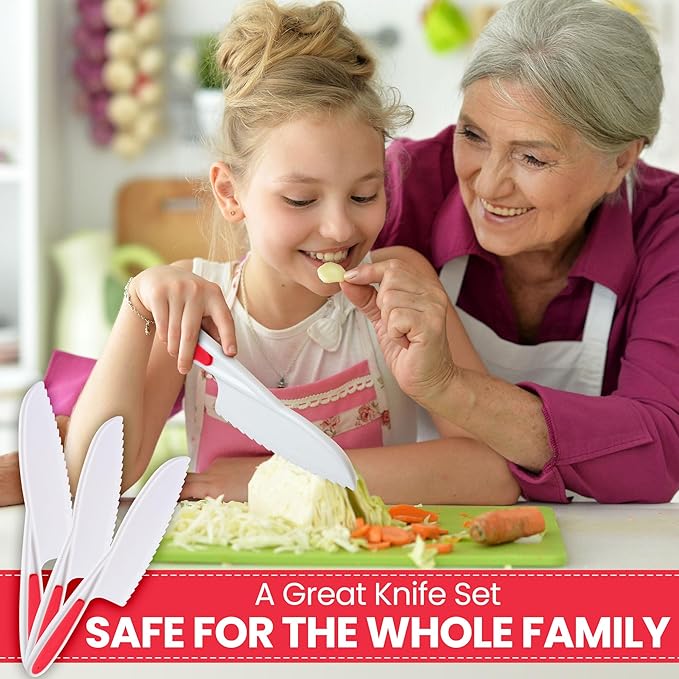 Zulay Kitchen 3-Piece Kids Knife Set for Real Cooking & Baking - Toddler Knives for Cutting Fruits, Veggies, & Cake - Children’s Montessori Knive with Serrated Edges - Safe & Fun Lettuce Knife (Red)