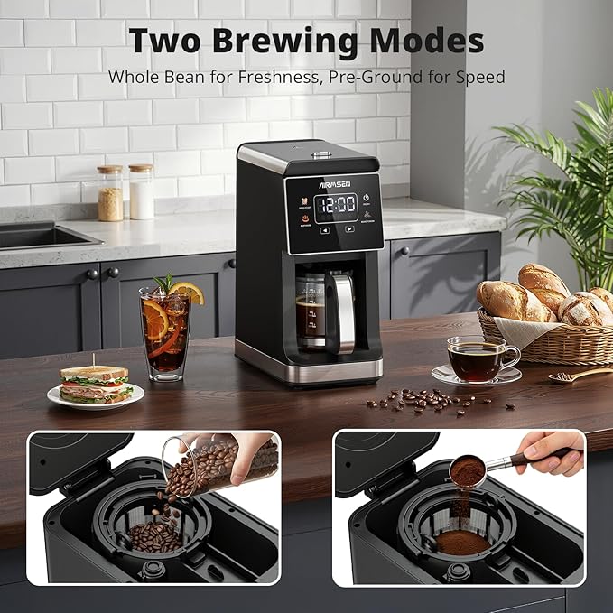 AIRMSEN Grind & Brew Coffee Maker with Built-in Grinder, Programmable Single Serve Coffee Maker - 5 Cup Capacity, 3 Grind Settings, Auto Keep Warm & Glass Carafe for Home and Office