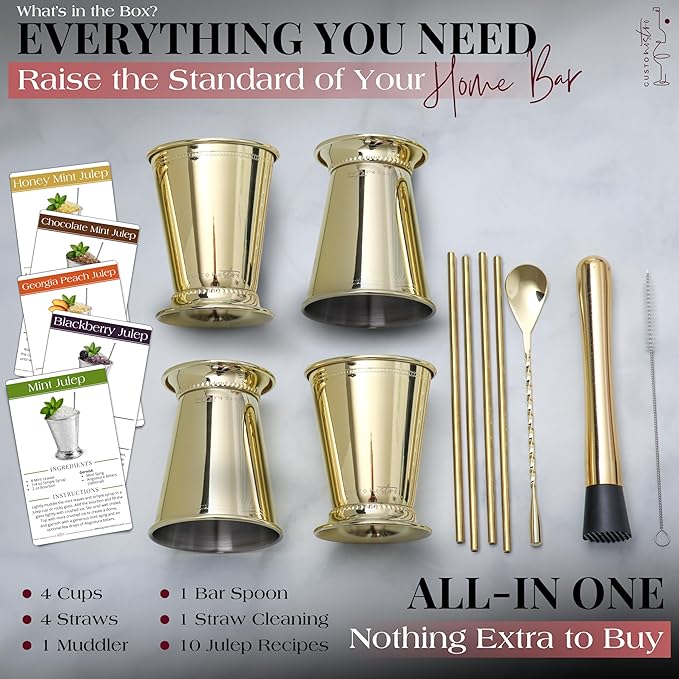 Gusto Nostro Mint Julep Cups Set of 4 - Stainless Steel Julep Cup Kit with Straws, Muddler, Spoon, Recipes, Vases - Southern-style Cocktail Glasses for Home Bar - Stainless Steel Cocktail Cups (Gold)