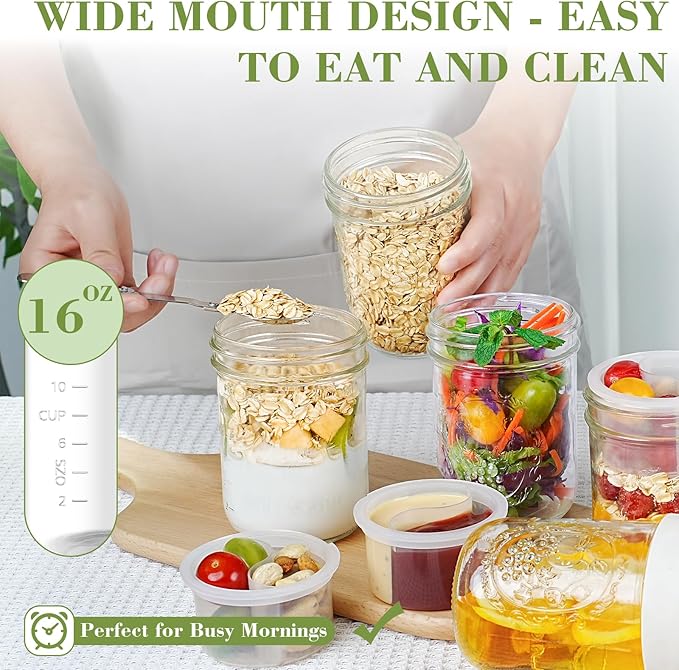 Miuyhji 6 Pack Overnight Oats Containers with Lids and Folding Spoons 16oz, Glass Mason Jars with Divided Compartments, Chia Pudding Jars for Oatmeal Meal Prep