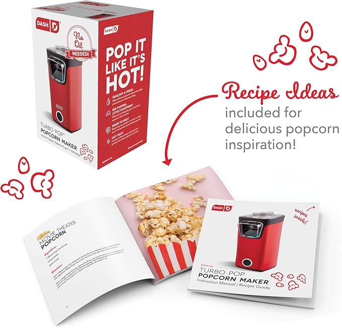 Dash Turbo Pop Popcorn Maker - Theater-Style Popcorn Machine - Comes with Measuring Cup & Butter-Melting Tray - Convenient, Space-Saving Design - 8 Cups, Red