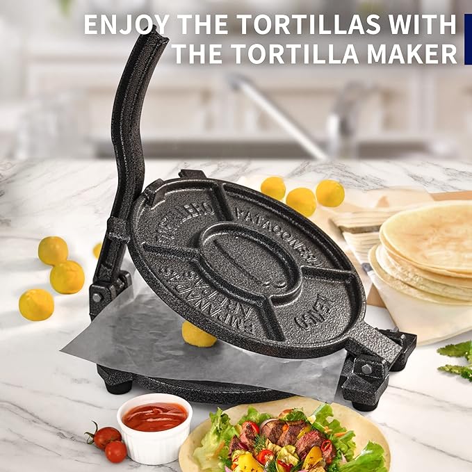 ARC Tortilla Press 10.4" Include 100 Pcs Parchment Paper, Cast Iron Tortilla Maker, Black Gray