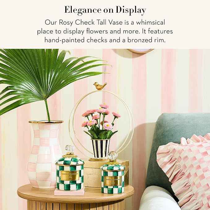 MACKENZIE-CHILDS Tall Enamel Vase, Unique Flower Vase, Bouquet Vase Decor for Living Room, Pink-and-White Rosy Check