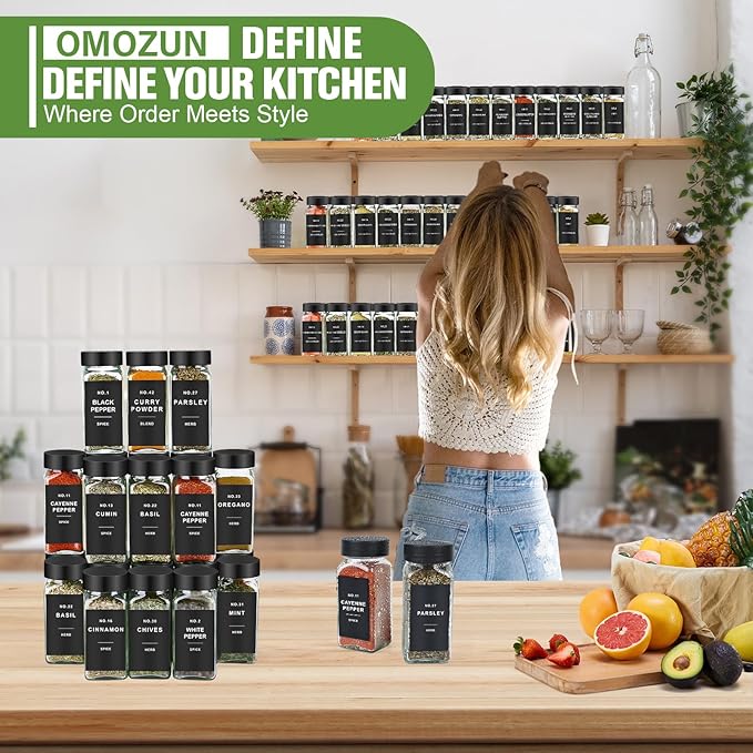 Spice Jars with Label, 36pcs 4oz Glass Spice Jars with Black Lids, Square Spice Containers with 304 Labels and Shaker Inserts, Empty Seasoning Bottles for Drawer, Cabinet, Seasoning Organizer