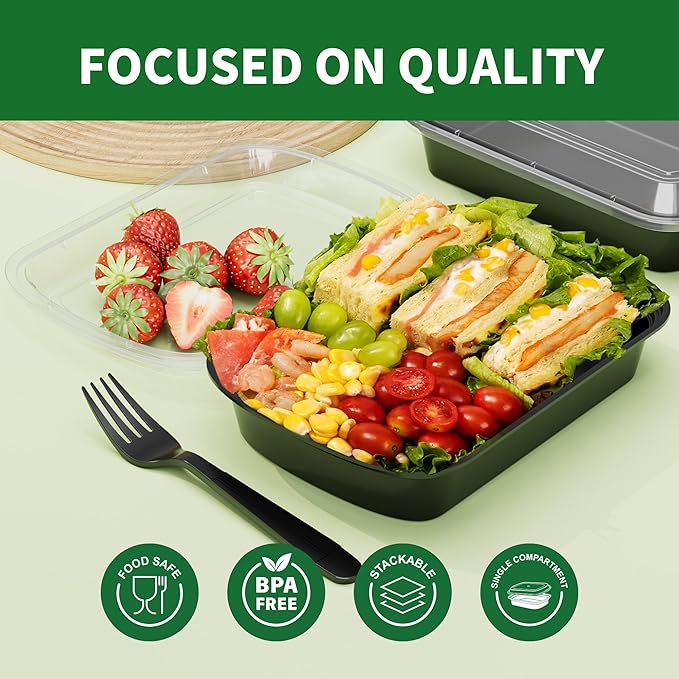Meal Prep Containers, 50 Pack 38oz (100-Piece) Extra Thick Disposable Take Out Food Storage Containers with Lids, Large Plastic To Go Lunch Boxes, BPA Free, Microwave/Dishwasher/Freezer Safe