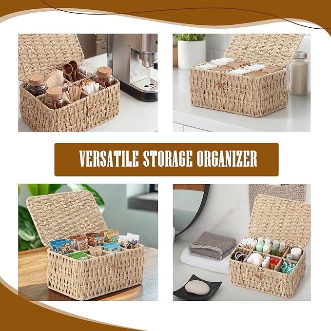 Sieral Tea Bag Organizer/Sugar Packet Holder with Lid 8 Compartment Paper Rope Woven Tea Storage Box for Chest Coffee Pill Condiment Organizer Wicker Divider Container for Countertop Drawer Shelf