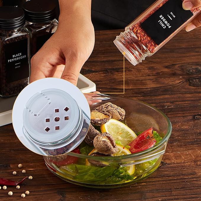 Skiileor 36 Pcs Spice Jars with Label- Glass Spice Jars with Black Metal Caps,Shaker Lids, Funnel, Chalk Pen, 4oz Seasoning Containers Bottles for Spice Rack, Cabinet, Drawer