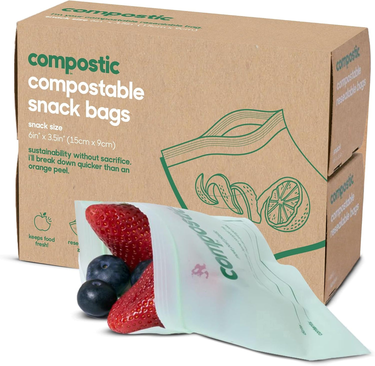 Compostic Home Compostable Resealable Snack Bags (6"x 3.5"), Microwave & Freezer Safe, Organic Food Storage Container, 100 Count