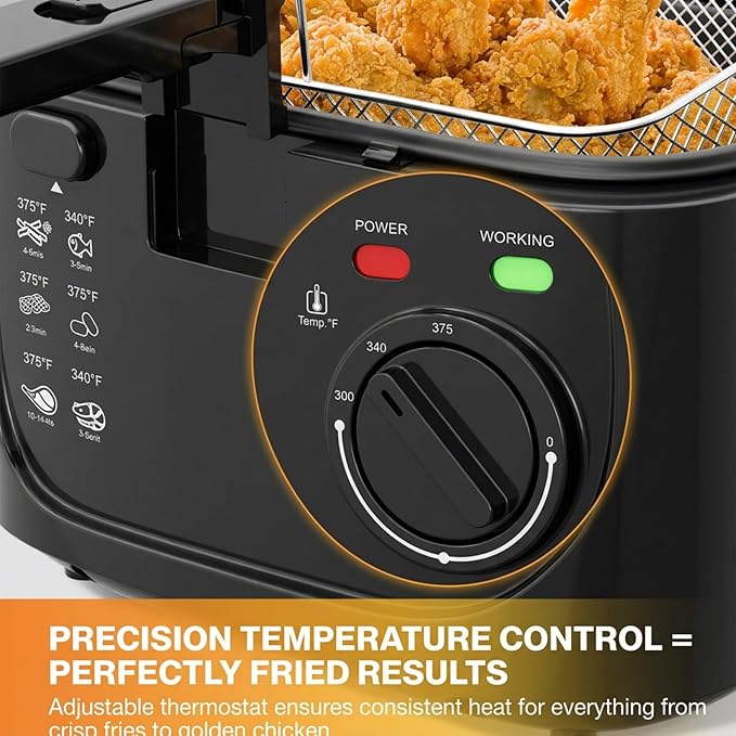 KEINVE 1500W Electric Deep Fryer with 3 Temperature Settings, 2.5L Oil Fryer with Non-Stick Basket & Viewing Window, Folding Handle and Locking Cover for Easy Storage, Black