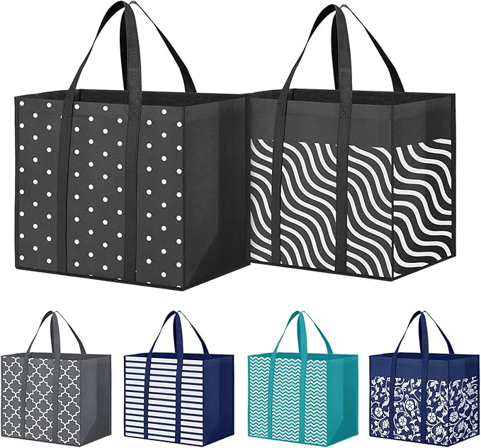 Fab totes 6 Pack Reusable Grocery Bags 35L Large Capacity Heavy Duty Reusable Shopping Bags for Groceries Waterproof Tote Bags for Shopping and Picnic with Sturdy Handles