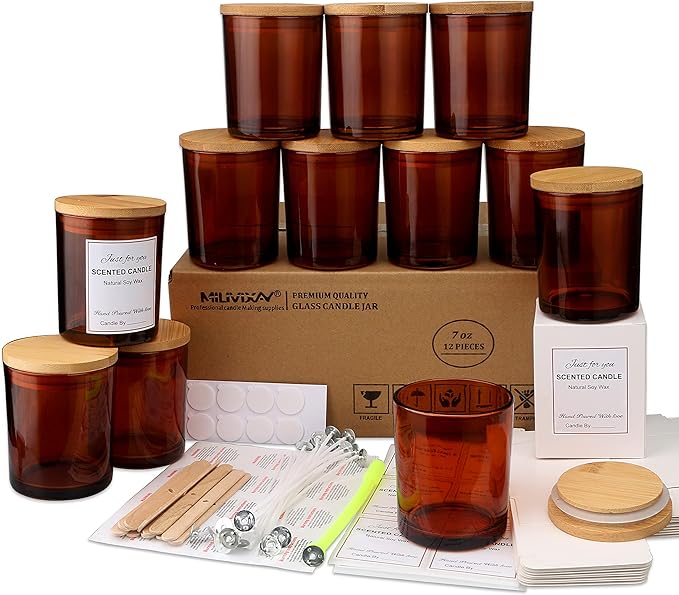MILIVIXAY 12 Pack 7 OZ Amber Glass Candle Jars with Lids and Candle Making Kits - Bulk Empty Candle Jars for Making Candles - Spice, Powder Containers.