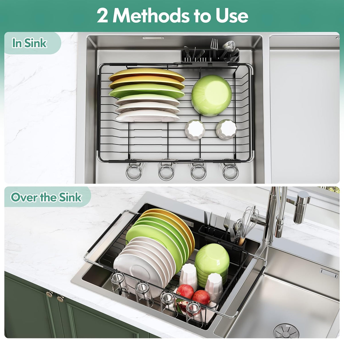 Over the Sink Expandable Dish Drainer Drying Rack In Stainless Steel for Small Kitchen, Counter Space Saving Modern Compact Metal Above Plate Dryer Strainer, Adjustable Hanging Inside Drain Holder