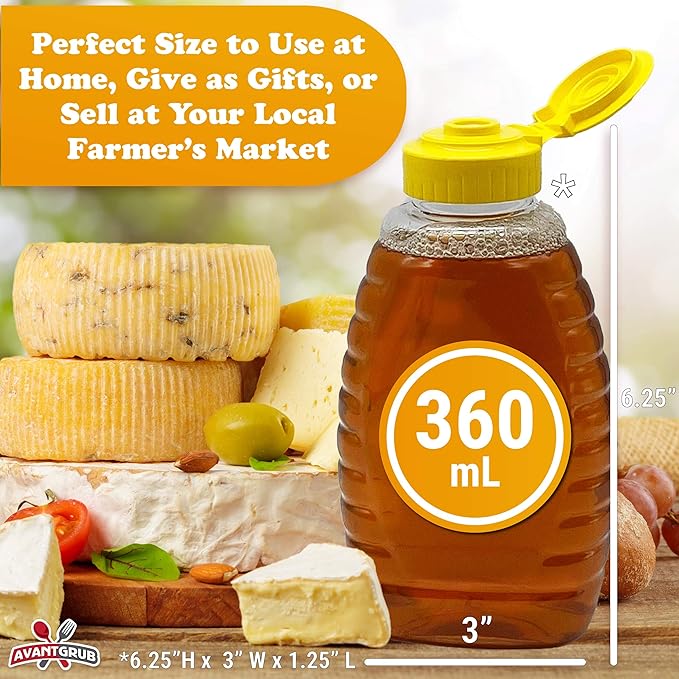 Easy-Squeeze 6 Pk 12 Oz Empty Honey Bottles. BPA-Free Food-Safe PET Plastic Honey Dispenser. Flip-Top Refillable Syrup Container. Great for Storing and Serving BBQ, Pasta Sauces or Salad Dressings.