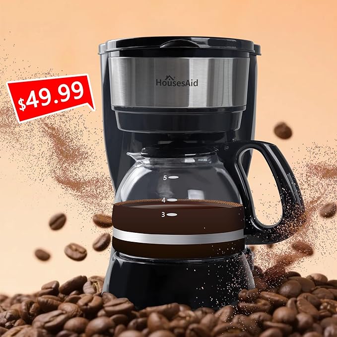 5 Cup Coffee Maker, Compact Small Coffee Machine for 1-2 People, 0.75L Glass Carafe, 2-Hour Auto Shut-Off, 650W Fast Brew, Space Saving for Apartment, Dorm & Office