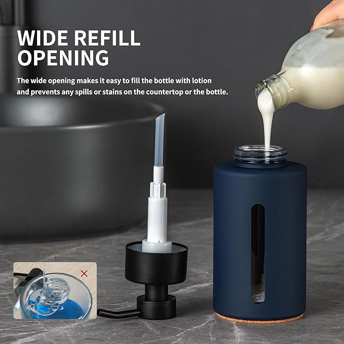 Enra Thick Glass Foaming Soap Dispenser with Clear Window,12oz Blue Bathroom Soap Dispenser with Stainless Steel Pump, Modern Boho Refillable Pump Bottle for Bathroom Kitchen (Foam-Blue)
