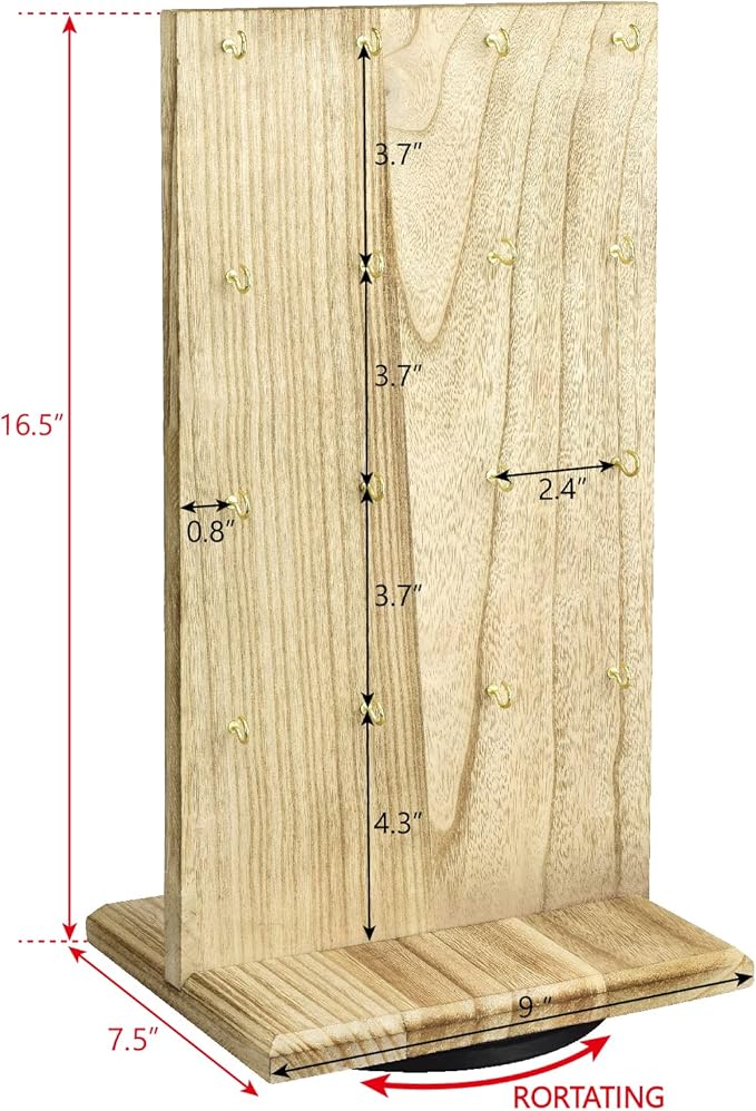 Ikee Design Wooden Rotating Two-Sided Jewelry Display Stand, Rotating Organizer with 32 Hooks for Store, Earring Keychain Display with Hooks, Oak color, 9" W x 7.5" D x 16.5" H