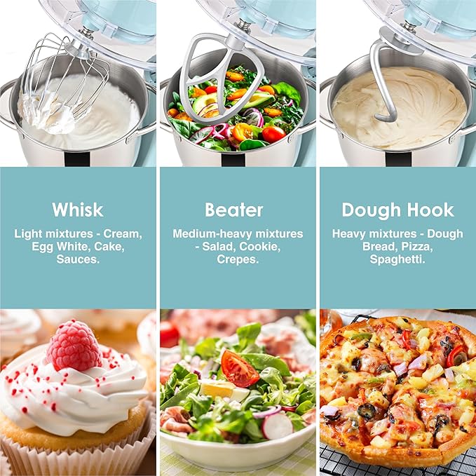 Kitchen in the box Stand Mixer, 5QT Two bowls Electric Food Mixer, 10 Speeds 3-IN-1 Kitchen Mixer for Daily Use with Egg Whisk,Dough Hook,Flat Beater (Blue, 5QT)