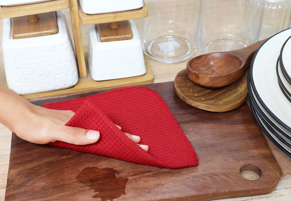 PurpleEssences Dish Cloths and Dish Rags - 8 Pack Waffle Weave Solid Kitchen Dish Wash Cloths, 100% Cotton, 12 x 12 Inches, Ultra Soft Absorbent Quick Drying - Red