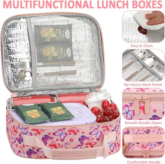 Lunch Box Kids Insulated Lunch Bag for Boys Girls Cute Reusable Lunch Tote Bag Waterproof Portable Thermal Lunch Box Kids for School Picnic Travel Pink Butterfly
