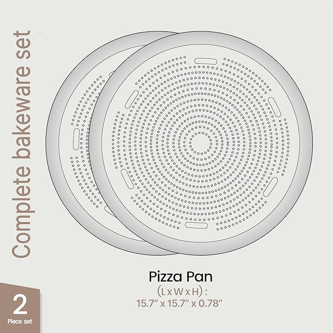 Bakken 16 Inch Non-Stick Pizza Pan 2 Pack, Round Carbon Steel Pizza Tray with Perforated Holes, PFOA, PFOS, & PTFE-Free, Dishwasher & Oven Safe Up To 450°F, Durable Nonstick Coating, Black