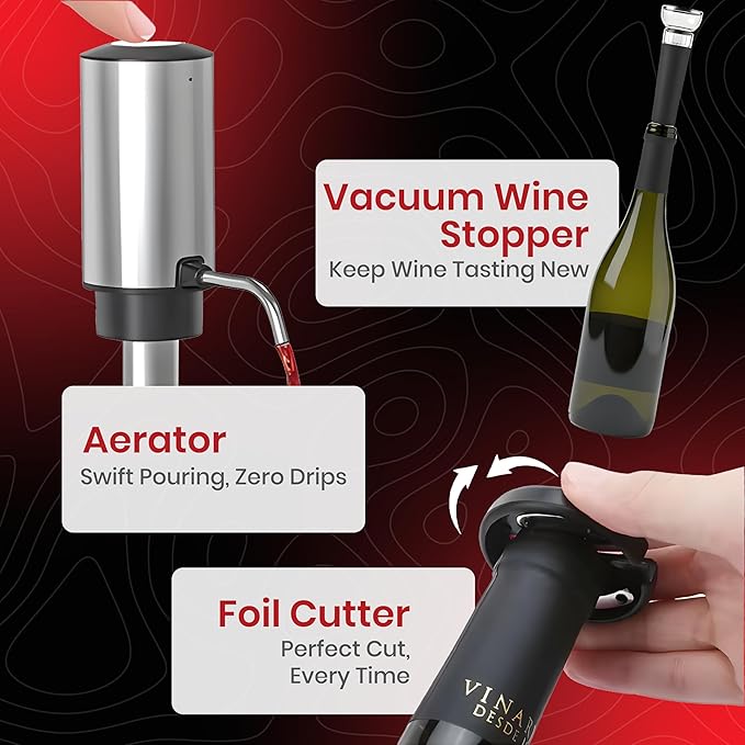 4-in-1 Rechargeable Electric Wine Opener Set with Aerator, Vacuum Stopper & Foil Cutter – Stainless Steel Portable Wine Bottle Opener Kit for Home Bar & Gifting