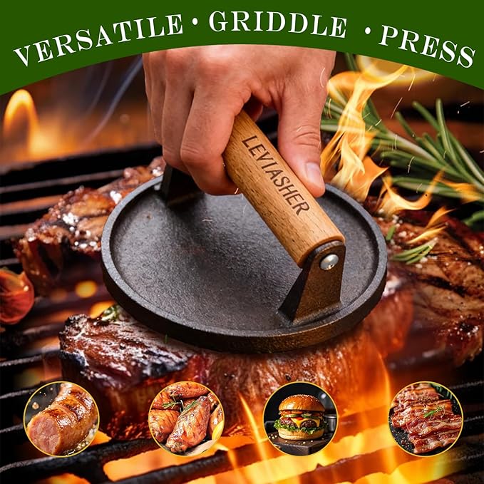 2.2lbs Heavy-Duty Griddle Press for Bacon Burger Steak Meat Paninis Burger Bacon Vegetables, Cast Iron BBQ Grill Press for Weber Blackstone Camp, Food Press for Cooking Round Wood Handle