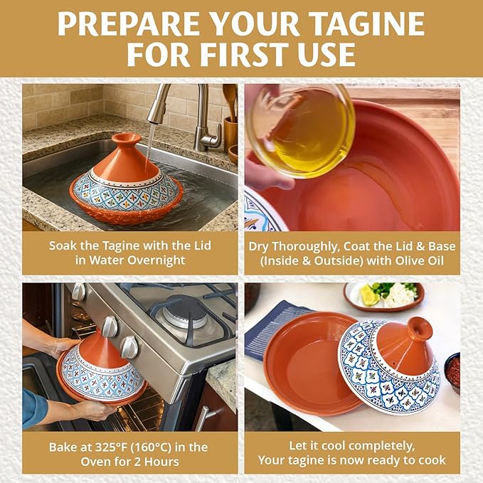 Kamsah Tagine Pot for Cooking and Flavor Enrichment - Medium Clay Pot 10”, 3.1 QT - Non-Stick Handmade Cookware - Moroccan Ceramic Pots for Cooking with Lid & Serving Bowl - Bohemian Classic Turquoise