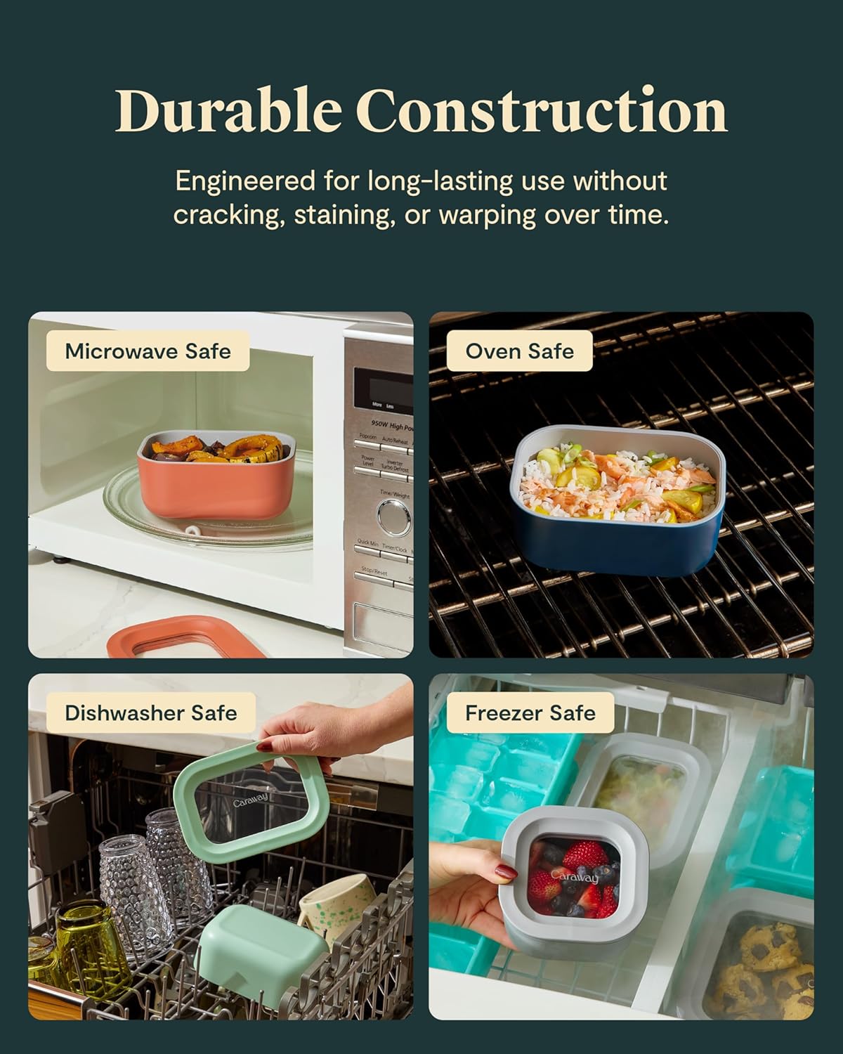 Caraway Mini Rectangle Food Storage Container - 2.6 Cup Glass Storage Container for Food - Non-Toxic Ceramic-Coated Glass - Air Release Technology - Compact & Stackable Design - Sage