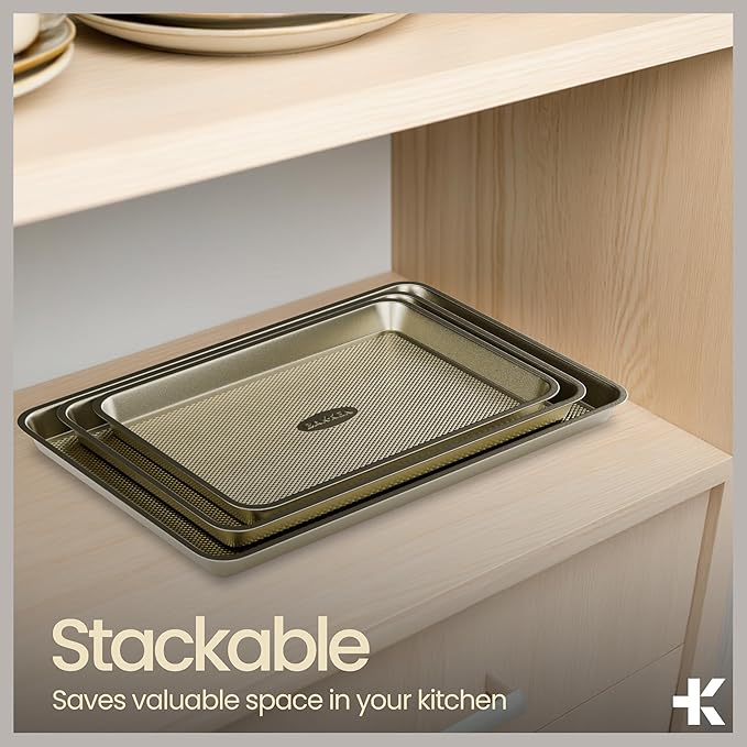 Diamond Bottom Cookie Sheet Set of 3, Nonstick Gold Carbon Steel Baking Pans for Crisp Baking, Space-Saving Stackable Trays, PFOA, PFOS, PTFE Free, Oven Safe Up to 450°F, Small, Medium & Large Sheets