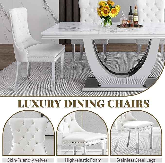 Marble Dining Table Set for 6,70" White Faux Marble Kitchen Tables and Velvet Chairs for 6,7 Piece Luxury Dining Room Table Set and 6 Upholstered Chairs with Silver Stainless Steel Bases