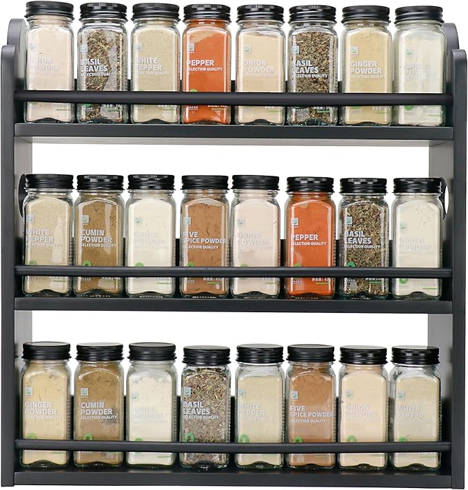 3 Tier Bamboo Spice Rack, Spice Rack Organizer, Seasoning Jars Rack Shelf Spice Organizer for Kitchen Counter or Wall Mounting, Spice Storage Holder with handles, Jars Not Included, Black