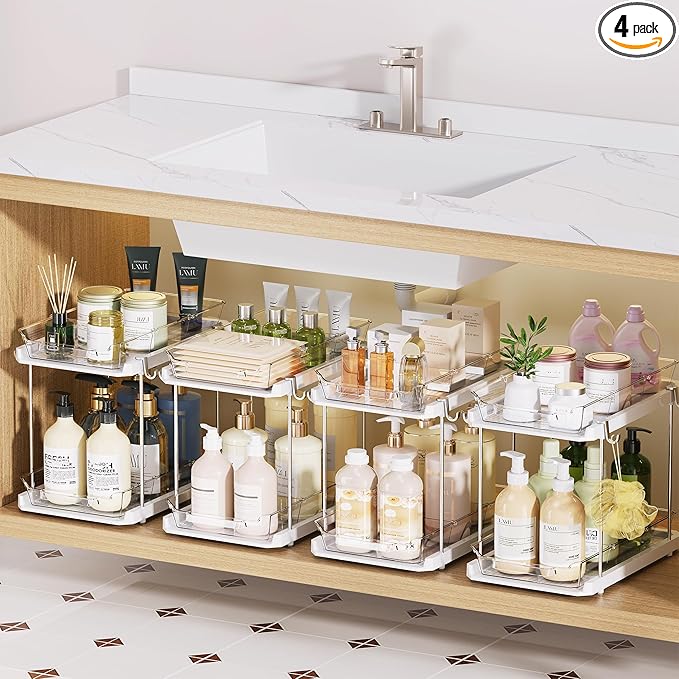 Delamu 2 Tier Bathroom Under Sink Organizers and Storage with Hook, Multi-Purpose Cabinet Drawers with Movable Dividers, Pull Out Organization for Countertop, Kitchen and Pantry(White, 4 Pack)