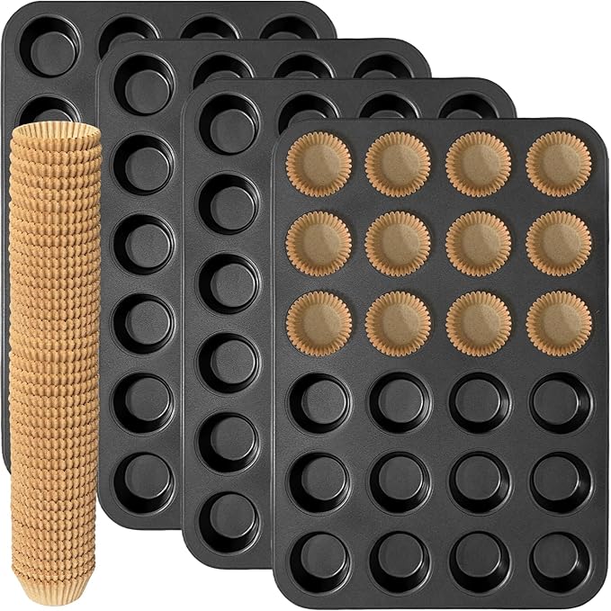 4 Pack Mini Muffin Pan with 1000 Mini Cupcake Liners, Mini Cupcake Pans Muffin Tin Nonstick 24 Cup, Carbon Steel Baking Pans Supplies