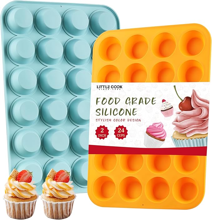 2PCS Silicone Mini Muffin & Cupcake Pan Set, Little Cook 24 Cups Mini Muffin Baking Pan, Non-Stick, BPA Free, Dishwasher Safe, Perfect for Making Muffin, Cakes, Tart (Orange + Peacock Blue)