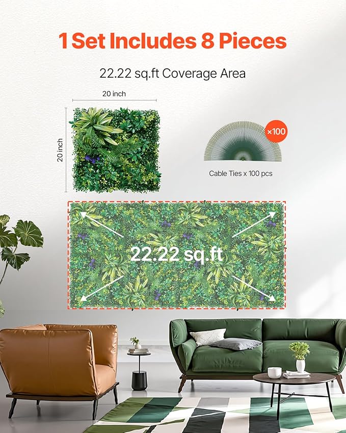 VEVOR Artificial Grass Wall Panels, 8 PCS 20 x 20 inch, 3D Combination Greenery Boxwood Panel for Indoor Outdoor Green Decor & Ivy Fence Covering, Privacy Backdrop Wall Hedge Screen for Garden