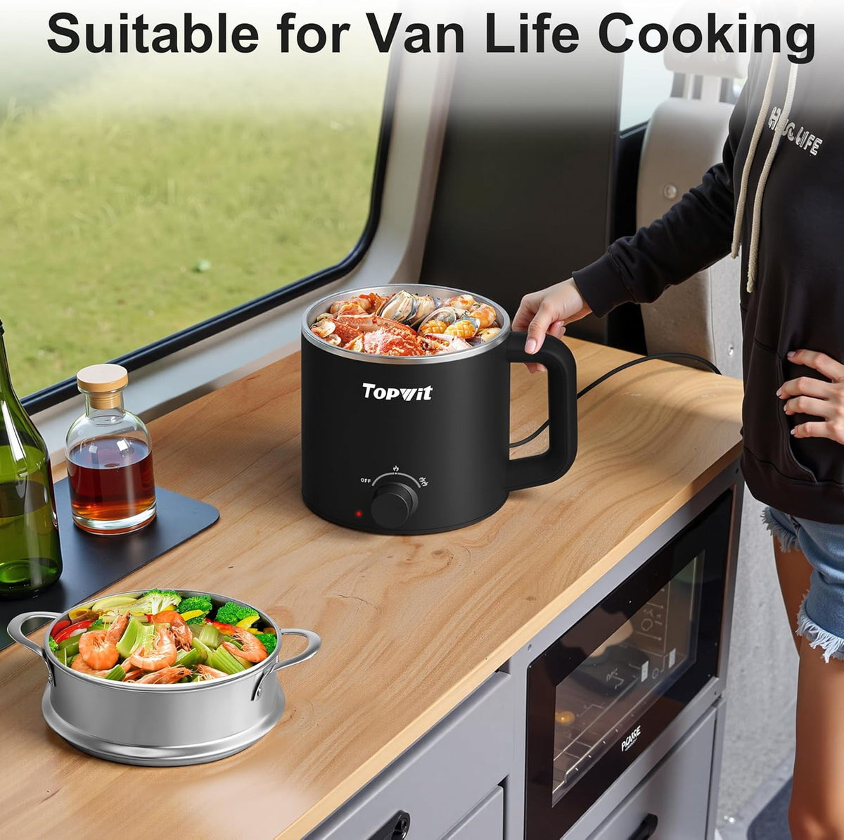 Topwit Hot Pot Electric with Steamer, 1.6L Ramen Cooker, Electric Pot for Pasta, Shabu-Shabu, Oatmeal, Soup and Egg, Portable Cooker with Dual Power Control, Dorm Room Essentials, Black