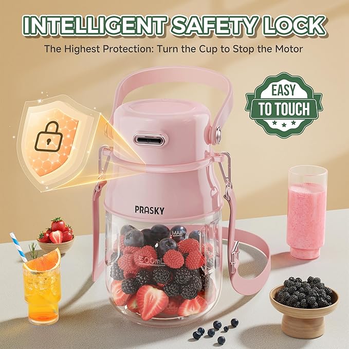 Portable Blender, Prasky Personal Blenders for Shakes and Smoothies with 27oz Cup, Lid and Shoulder Strap, Type-C USB Rechargeable, Personal Size Blenders BPA-free for Travel/Kitchen (Light Pink)