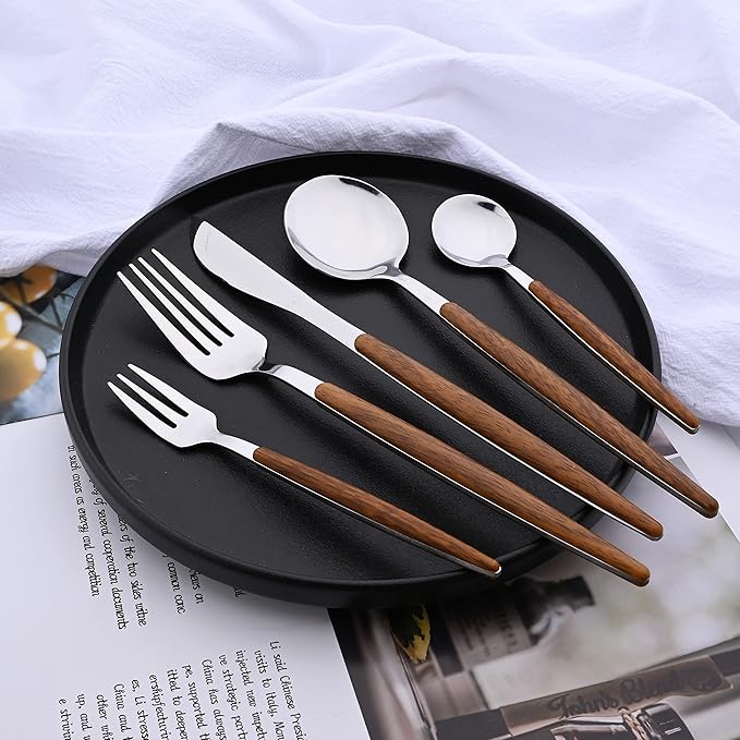 30-Piece Stainless Steel Silverware Set, Silver Mirror Polished Flatware Cutlery Set for 6, Tableware Eating Utensils Set for Home Restaurant Wedding, Dishwasher Safe (Wooden Effect Handle)