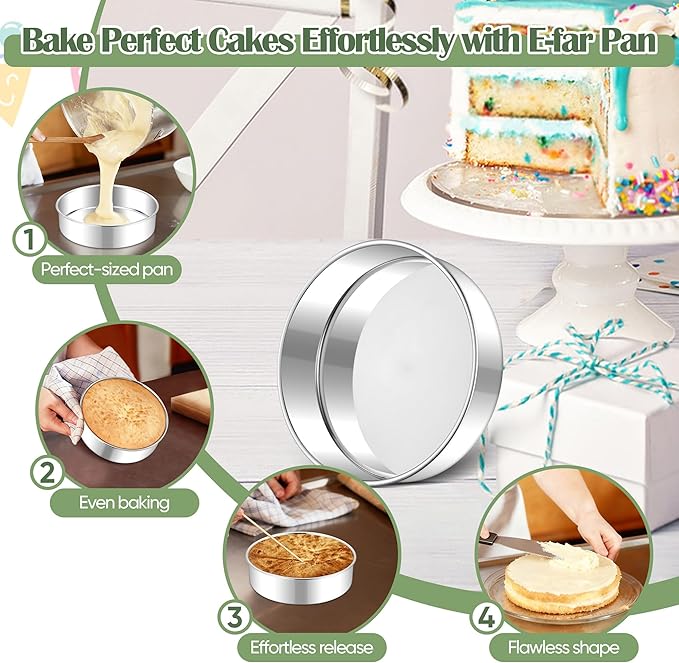 E-far 7 Inch Cake Pan Set of 2, Stainless Steel Round Baking Pans Tins Mold - Non-Toxic & Leak-Proof for Birthday Wedding Layer Tiered Cake, Easy Clean & Dishwasher Safe