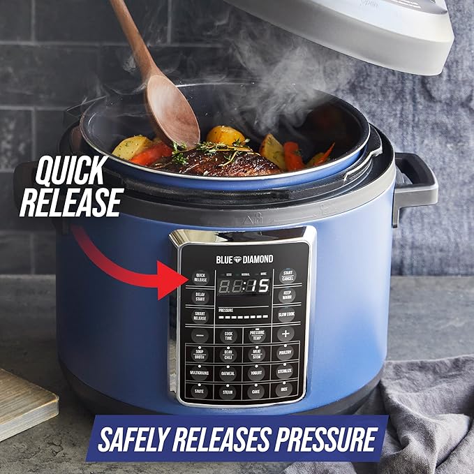 Blue Diamond Ceramic Nonstick, 16-in-1 6QT Electric Pressure Cooker, Slow Cooker, Rice Cooker, Yogurt Maker, Saute, Steamer and More, Programable, Dishwasher Safe Pot, PFAS-Free, Blue