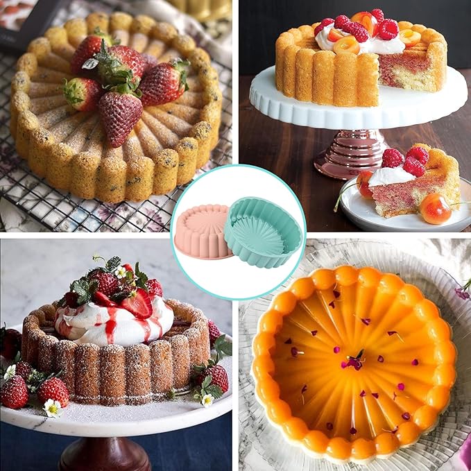 HUAKENER 2 Pcs Charlotte Cake Pan, 8 Inch Round Cake Pan, Nonstick Silicone Cake Molds for Cheese Cake, Chocolate Cake, Rainbow Cakes, Strawberry Shortcake, Brownie Tart Pie, Bule and Pink