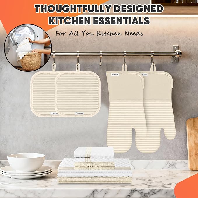 Oven Mitts Kitchen Towels and Dishcloths with Pot Holders Sets, Oven Gloves Hot Pads 500°F Heat Resistant with Silicone Grip, Include 2 Cooking Gloves/2 Potholders/4 Kitchen Towels/4 Dish Towels