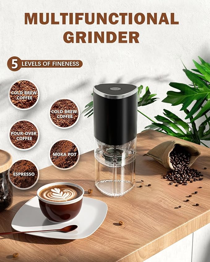 Portable Electric Coffee Grinder, Ergonomic Palm-Fitting Design for Comfortable Grip, USB Type-C Wireless Charging Adjustable Grind Settings for Coffee Beans/Grains(Black)