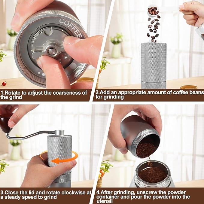 Manual Coffee Grinder Gift Box Detachable Stainless Steel Conical Burr Aluminum Coffee Bean Grinder with 25 Grinding Settings Cleaning Brush Grindable Espresso Moka Pot for Camping Silver