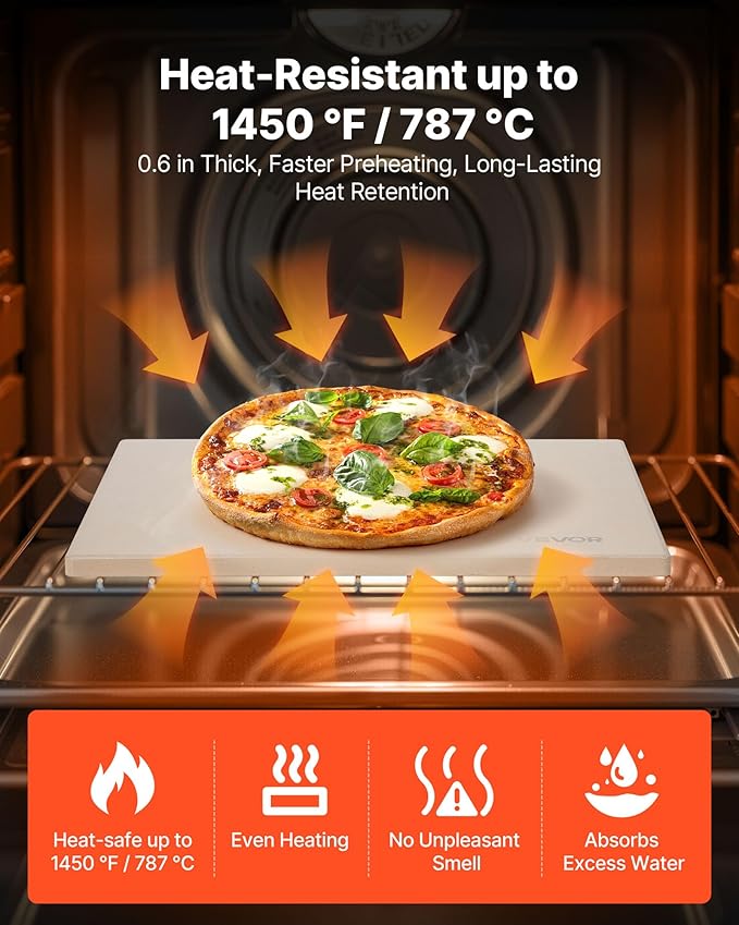 VEVOR Pizza Stone, 15 x 12 x 0.6 in Rectangular Cordierite Pizza Stone, Extra Large Baking Stone with Scraper, 1450℉ Heat-Resistant Bread Stone, for Kitchen Oven, Baking Bread & Pizzas, BBQ Grill