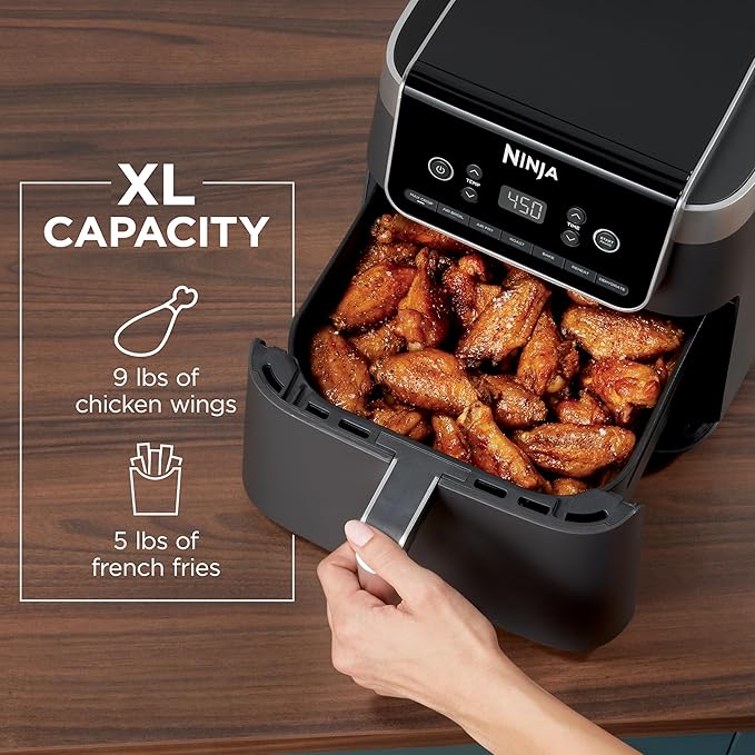 Ninja | Air Fryer Pro XL | 6.5QT Capacity fits up to 9lbs of Wings| 7-in-1 Max Crisp, Broil, Air Fry, Roast, Bake, Reheat & Dehydrate | Dishwasher Safe Parts | Space Saving | Grey | AF182AMZ