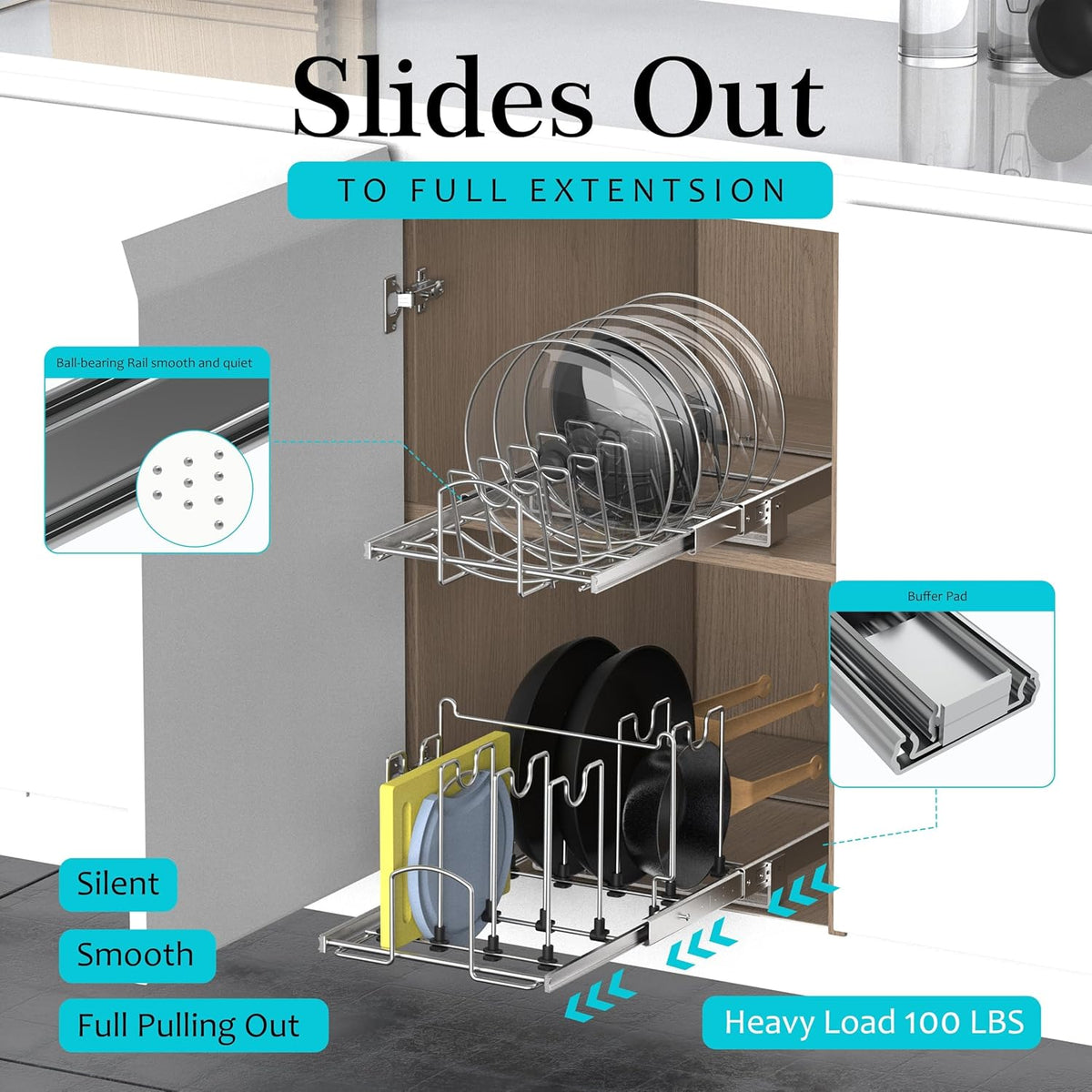 Pots and Pans Pull Out Organizer Under Cabinet, Adjustable Slide Out Pan and Pot Lid Rack Holder, Wire Dividers Kitchen Organization And Storage, Full-Extension Rail 12" W X 20" D