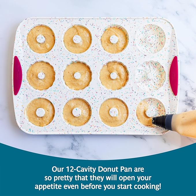 Trudeau 12-Cavity Donut Pan – Nonstick Baking Mold for Homemade Donuts, White Confetti/Fuchsia – Easy Release, Dishwasher Safe