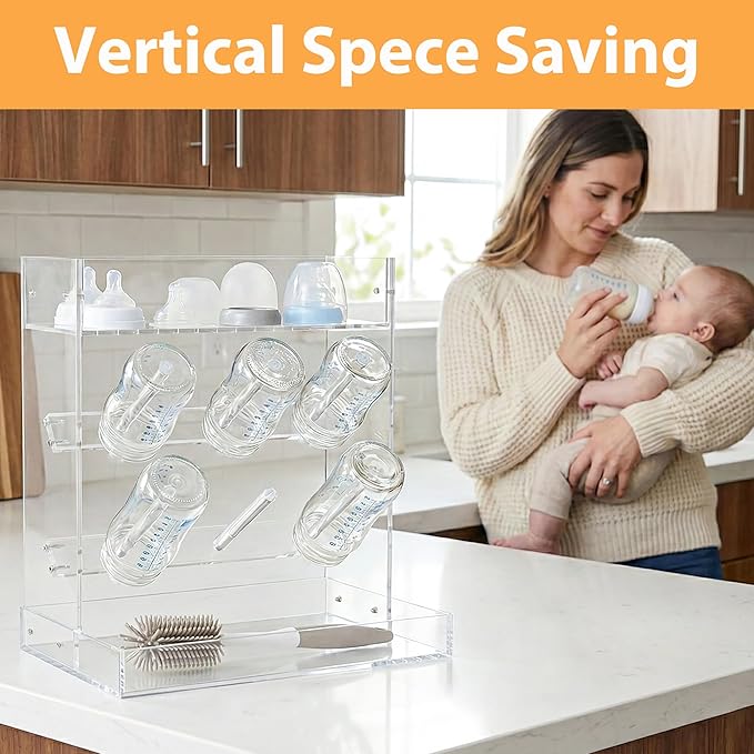 Baby Bottle Drying Rack Space Saving Acrylic Vertical Bottle Dryer Rack with Drip Tray - Clear Kitchen Countertop Storage Organizer–Fast Drying and Easy Cleanup - 10.3 x 6.3 x 10.6 in