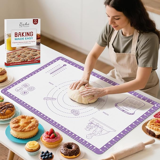 Non Stick Silicone Pastry Mat for Dough Rolling, Silicone Baking Mat for Bread, Cookie, Macaron, Pizza, Surdough, Non Slip Silcone Mat for Counter, Baking Suppliers Tools with 10 Useful Recipes